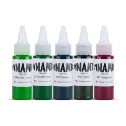 Dynamic Tattoo Ink Colour Set - Goblins - 1oz  - Lime Green, Leaf Green, Green, Violet, and Magenta.