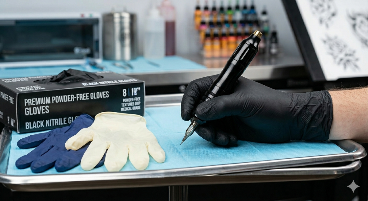 Tattooist wearing gloves holding tattoo machine